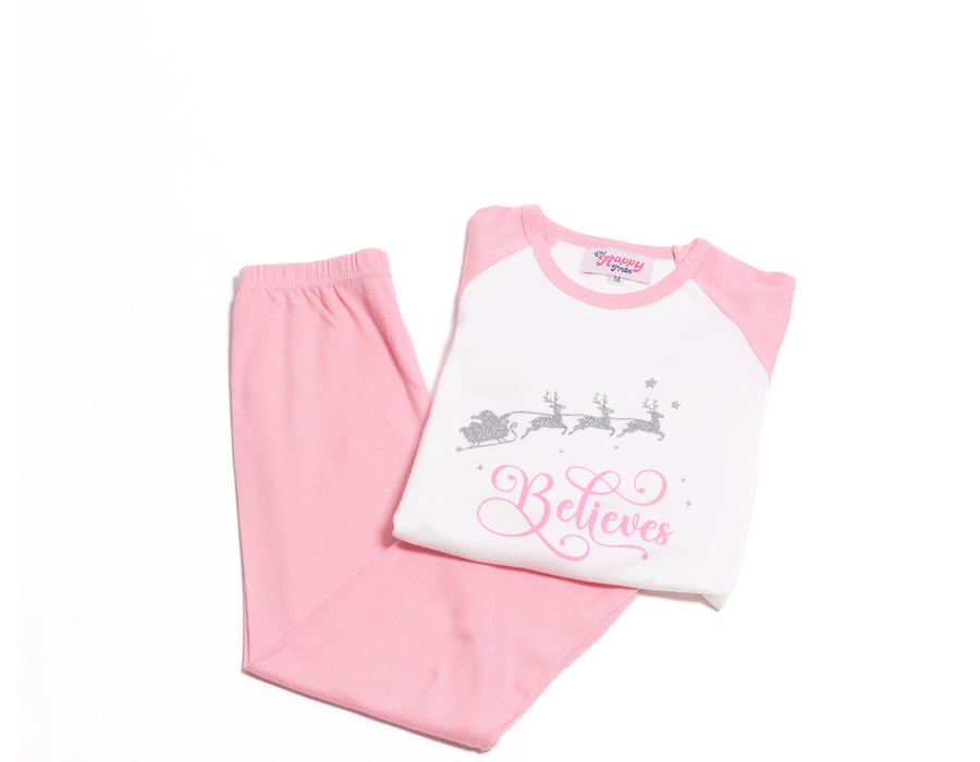 Pink Children's Personalised 'Believe' Christmas Pj's