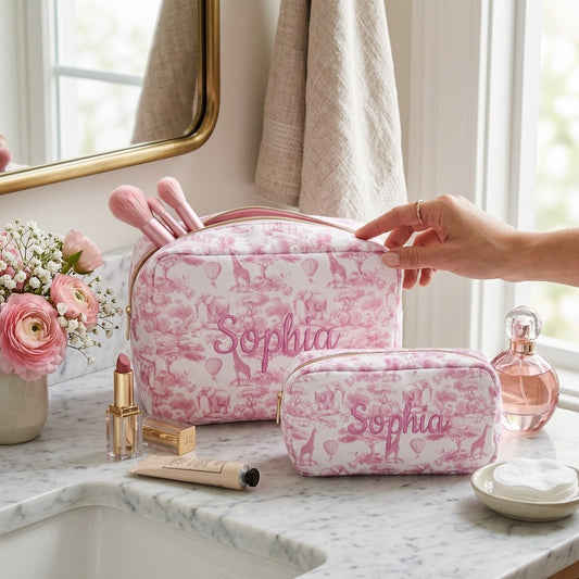 Personalised Pink Toile 2-Pc Pouch Set