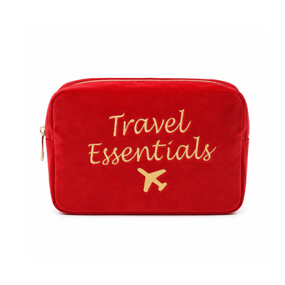 "Travel Essentials" Large Velvet Pouch, Red