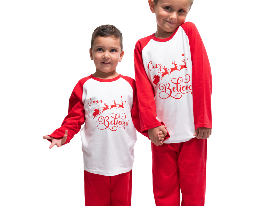 Red Personalised Children's 'Believe' Christmas Pjs