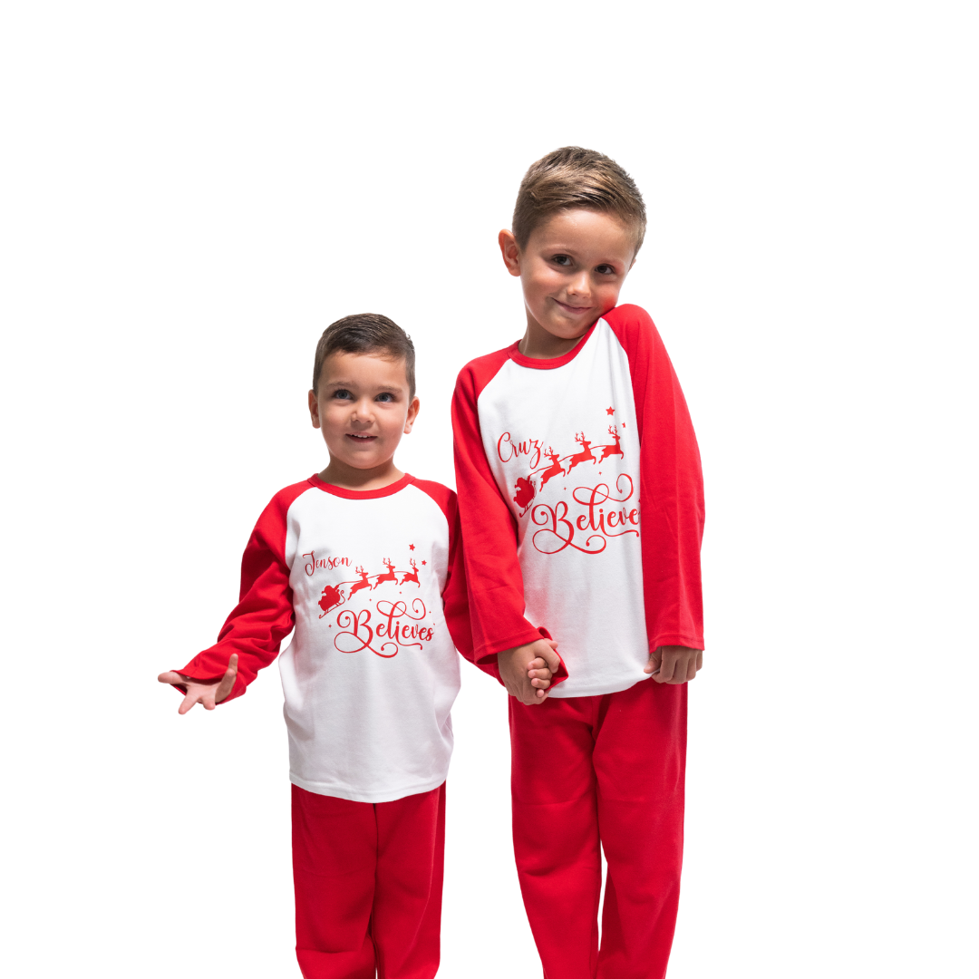 Red Personalised Children's 'Believe' Christmas Pjs