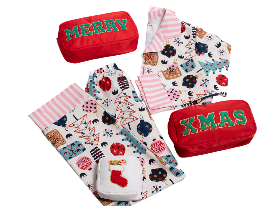 Women’s Christmas Print PJs with Striped Collar & Cuffs