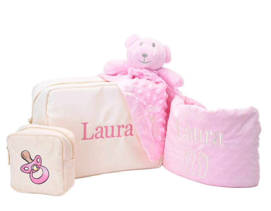Personalised Baby Gift in Baby Pink with Comforter and Dimple Blanket - Limited Edition