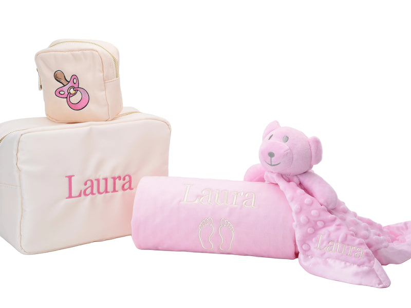 Personalised Baby Gift in Baby Pink with Comforter and Dimple Blanket - Limited Edition