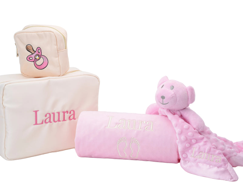 Personalised Baby Gift in Baby Pink with Comforter and Dimple Blanket - Limited Edition