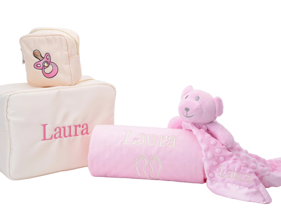 Personalised Baby Gift in Baby Pink with Comforter and Dimple Blanket - Limited Edition