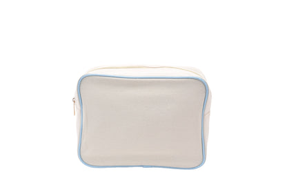 "Beach" Large Pouch, Cream Canvas with Baby Blue Trim