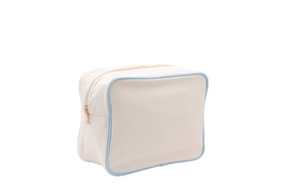 "Beach" Large Pouch, Cream Canvas with Baby Blue Trim