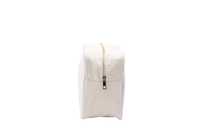"Beach" Large Pouch, Cream Canvas with Baby Blue Trim