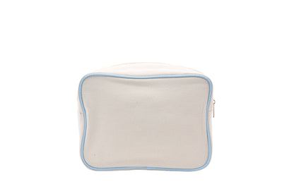 "Beach" Large Pouch, Cream Canvas with Baby Blue Trim