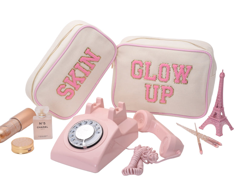 Cream with Baby Pink Trim Large Pouch - 