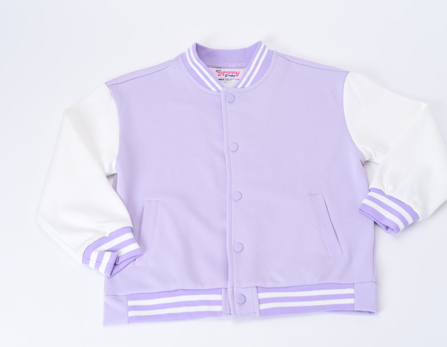 Personalised Kids Lilac Varsity Jacket