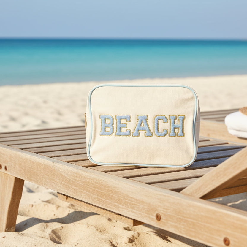 "Beach" Large Pouch, Cream Canvas with Baby Blue Trim