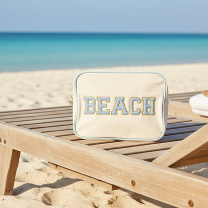 "Beach" Large Pouch, Cream Canvas with Baby Blue Trim