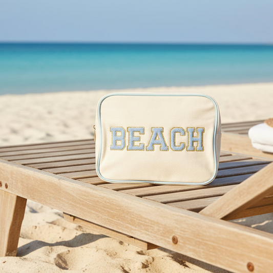 "Beach" Large Pouch, Cream Canvas with Baby Blue Trim