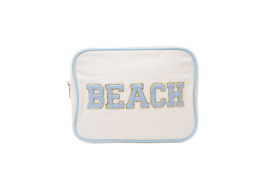 "Beach" Large Pouch, Cream Canvas with Baby Blue Trim