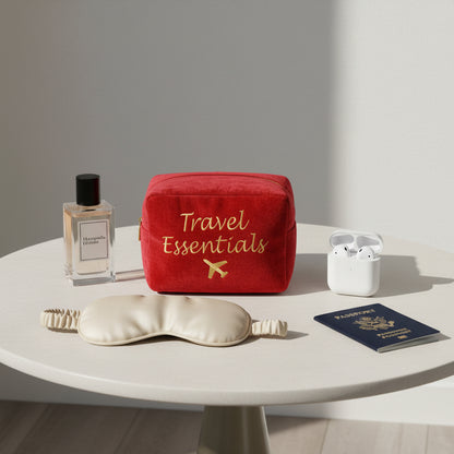 "Travel Essentials" Large Velvet Pouch, Red