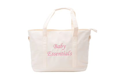 "Baby Essentials" Tote Bag, Cream in Pink Embroidery