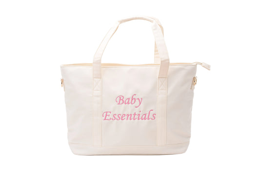 "Baby Essentials" Tote Bag, Cream in Pink Embroidery