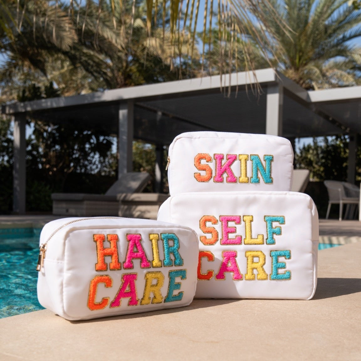Self Care Bundle, Three Pouch Set, White