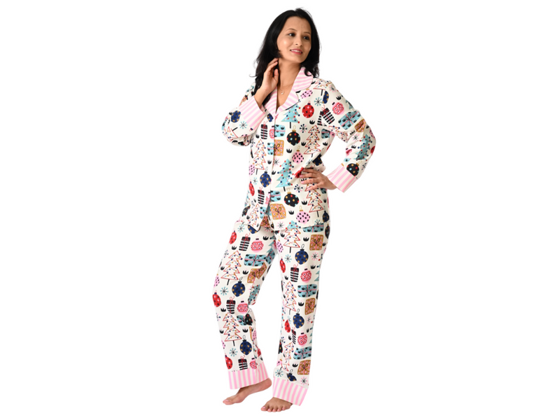 Women’s Christmas Print PJs with Striped Collar & Cuffs