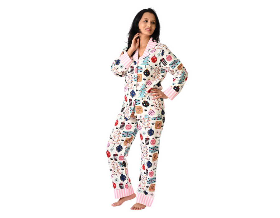 Women’s Christmas Print PJs with Striped Collar & Cuffs