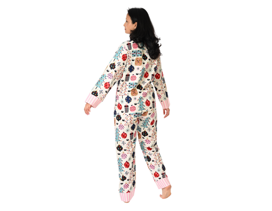 Women’s Christmas Print PJs with Striped Collar & Cuffs