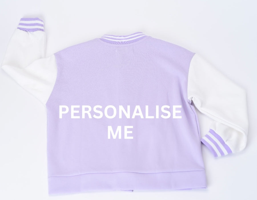 Personalised Kids Lilac Varsity Jacket