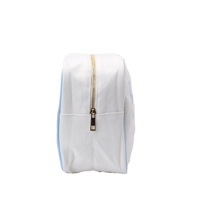 "Love You to the Moon and Back" Large Canvas Pouch, Cream with Blue Embroidery