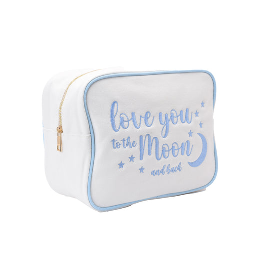 "Love You to the Moon and Back" Large Canvas Pouch, Cream with Blue Embroidery