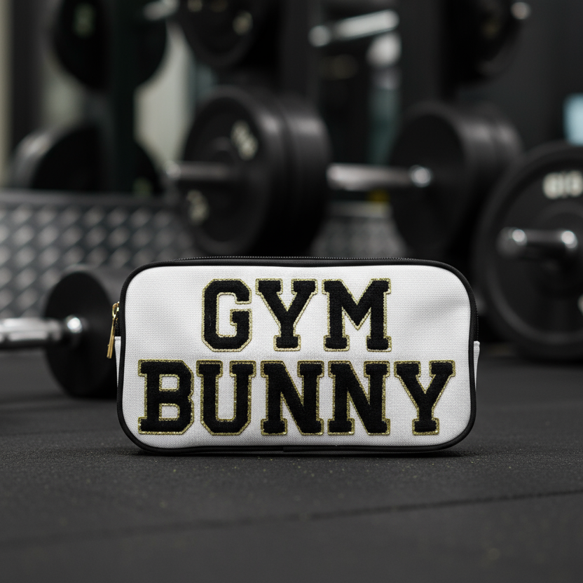 "Gym Bunny" Medium Pouch, Cream with Black Trim