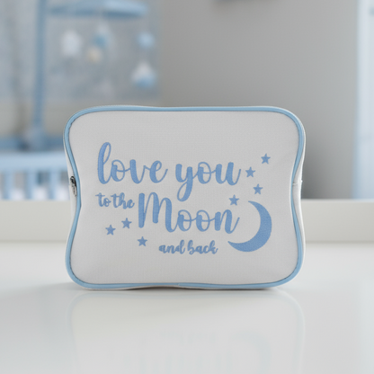 "Love You to the Moon and Back" Large Canvas Pouch, Cream with Blue Embroidery