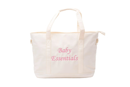 "Baby Essentials" Tote Bag, Cream in Pink Embroidery - The Happy Tribe