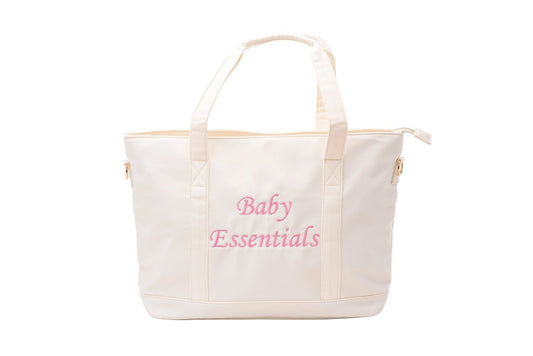 "Baby Essentials" Tote Bag, Cream in Pink Embroidery - The Happy Tribe