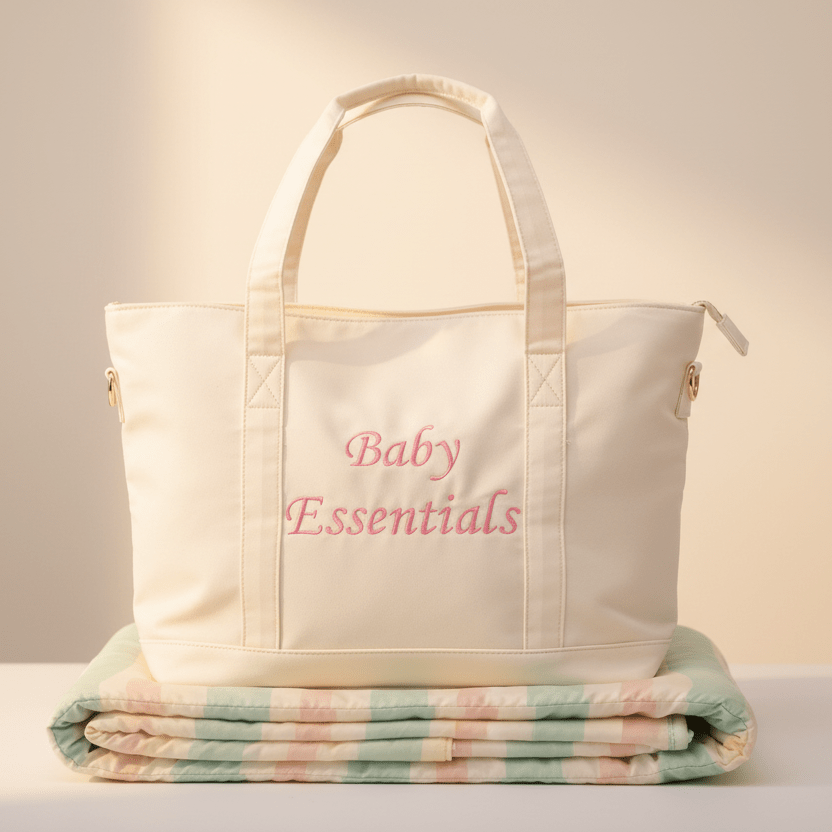 "Baby Essentials" Tote Bag, Cream in Pink Embroidery - The Happy Tribe
