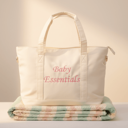 "Baby Essentials" Tote Bag, Cream in Pink Embroidery - The Happy Tribe