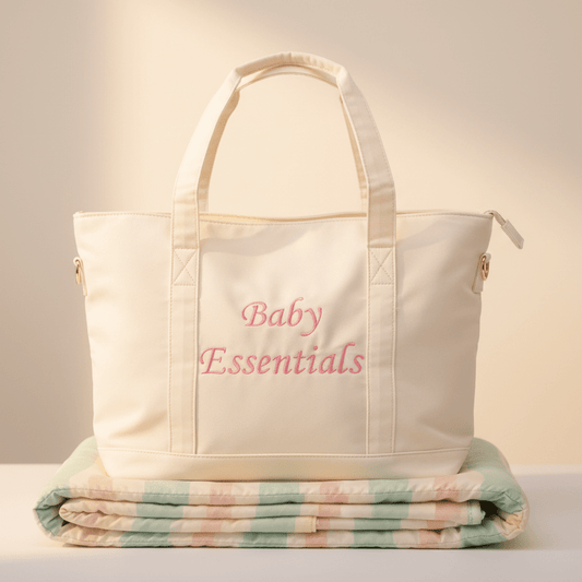 "Baby Essentials" Tote Bag, Cream in Pink Embroidery - The Happy Tribe