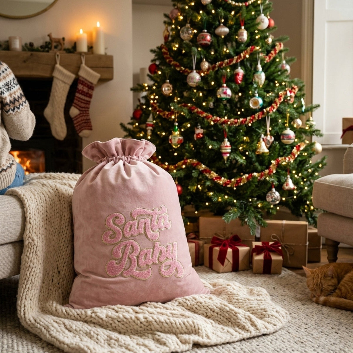 Baby Pink “Santa Baby” Velvet Christmas Sack - The Happy Tribe