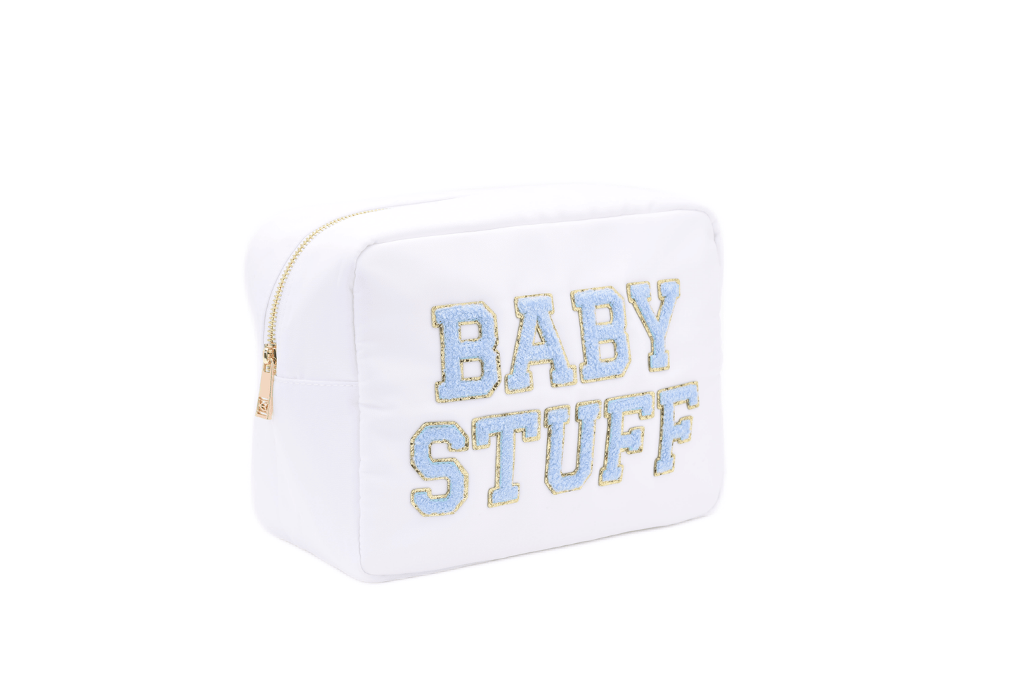 "Baby Stuff" Large Pouch, White with Baby Blue Letters - The Happy Tribe