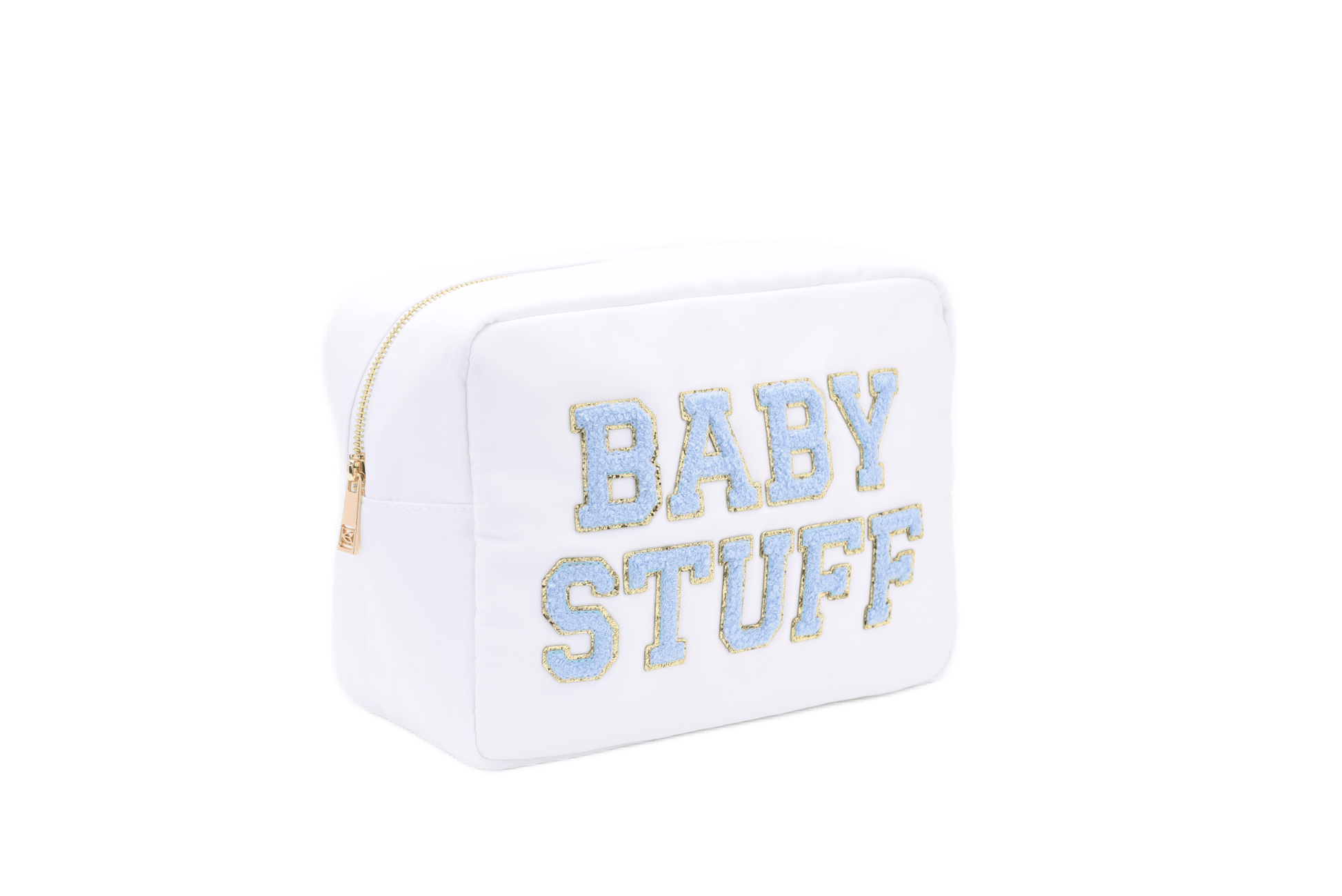 "Baby Stuff" Large Pouch, White with Baby Blue Letters - The Happy Tribe