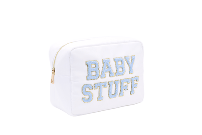 "Baby Stuff" Large Pouch, White with Baby Blue Letters - The Happy Tribe