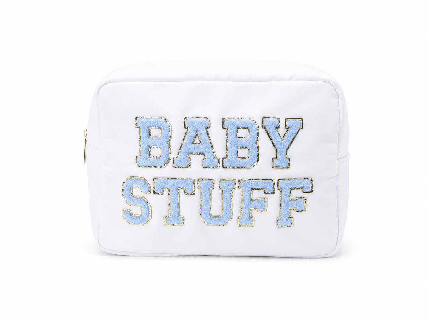 "Baby Stuff" Large Pouch, White with Baby Blue Letters - The Happy Tribe