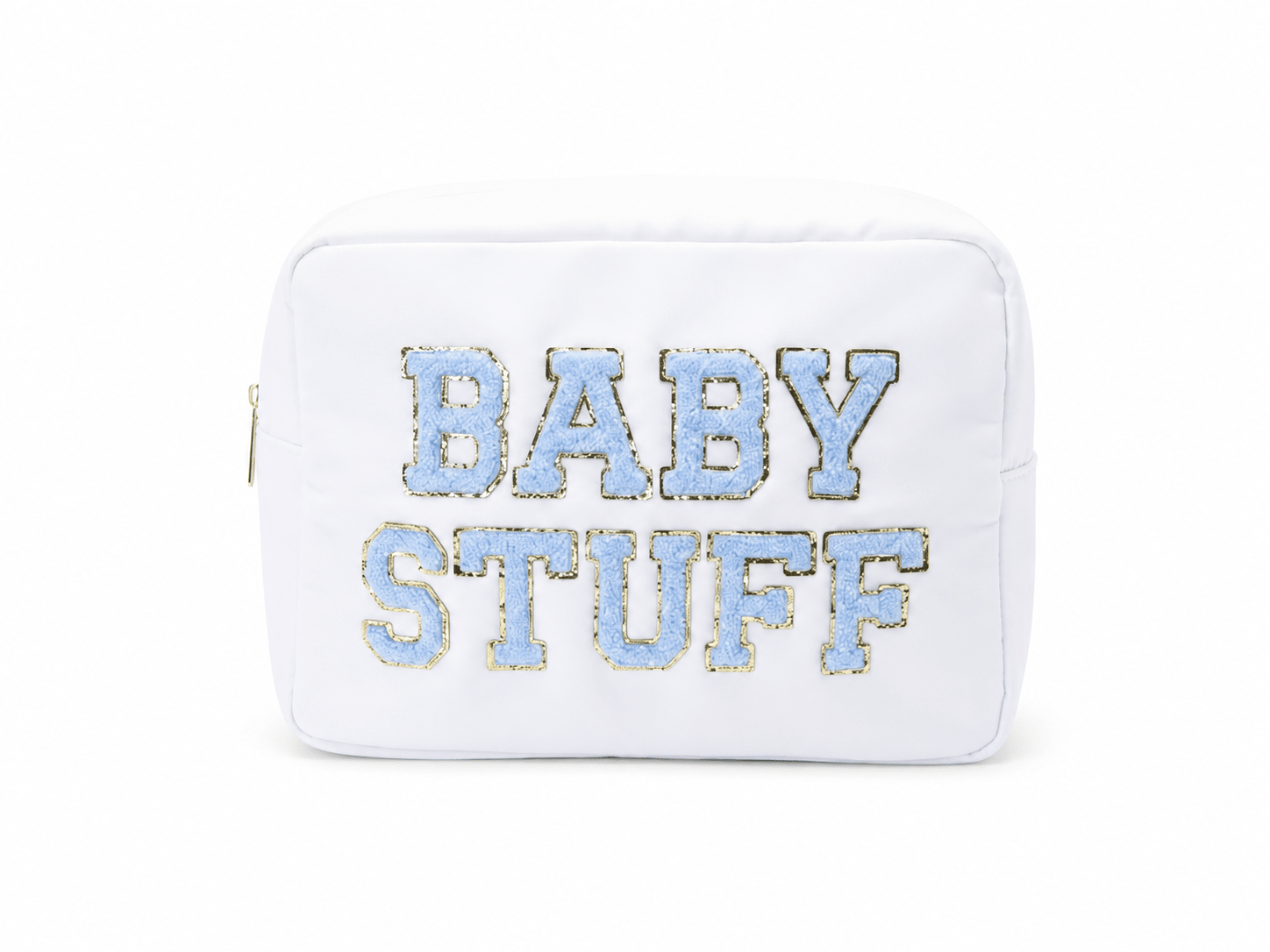"Baby Stuff" Large Pouch, White with Baby Blue Letters - The Happy Tribe