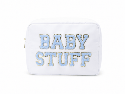 "Baby Stuff" Large Pouch, White with Baby Blue Letters - The Happy Tribe
