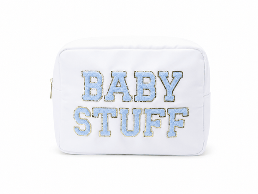 "Baby Stuff" Large Pouch, White with Baby Blue Letters - The Happy Tribe