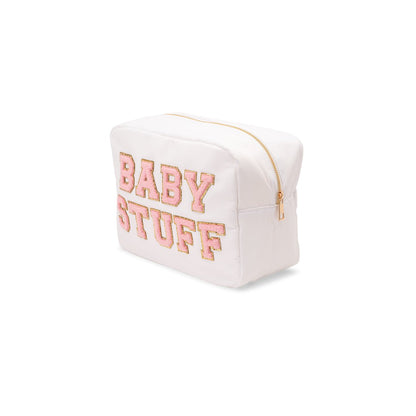 "Baby Stuff" Large Pouch, White with Pink Letters - The Happy Tribe