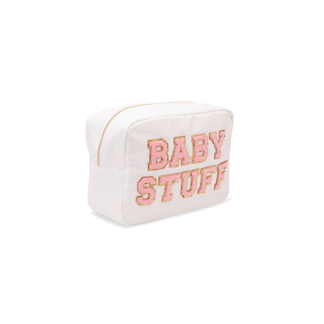 "Baby Stuff" Large Pouch, White with Pink Letters - The Happy Tribe