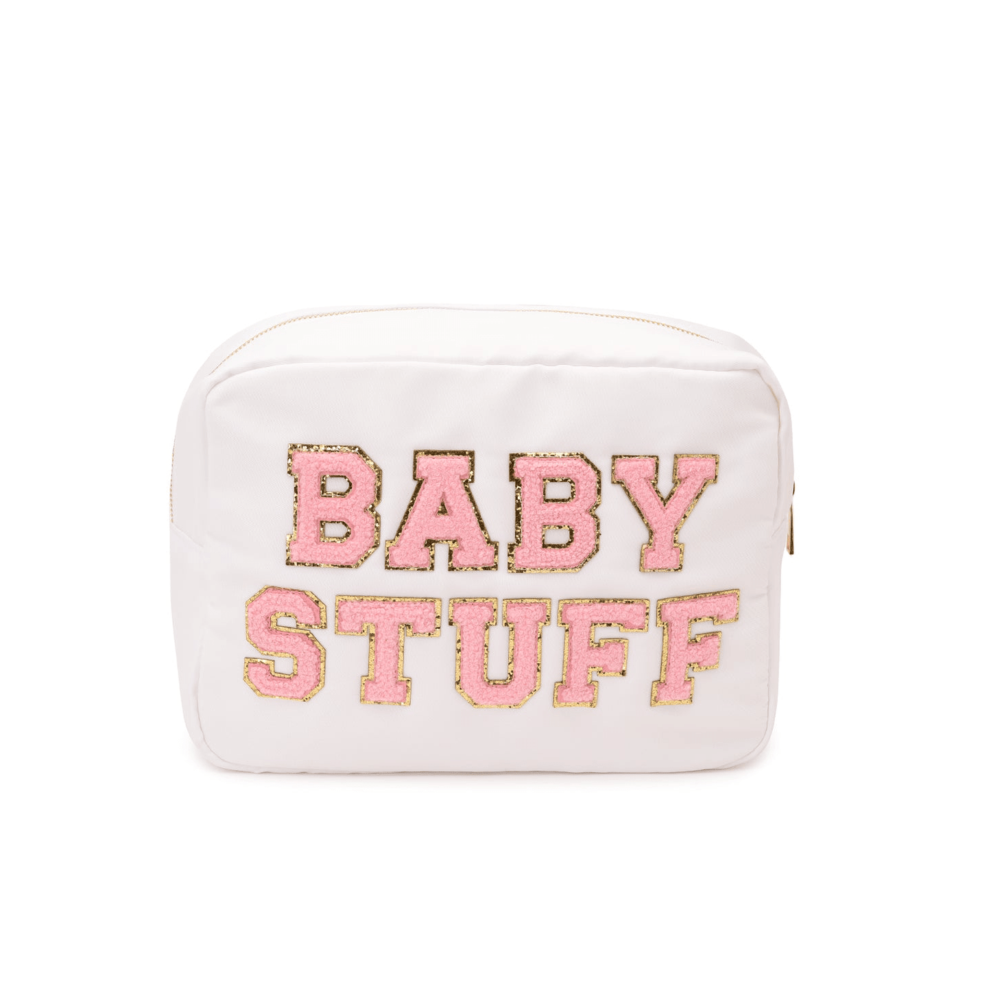 "Baby Stuff" Large Pouch, White with Pink Letters - The Happy Tribe
