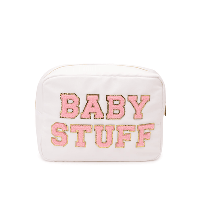 "Baby Stuff" Large Pouch, White with Pink Letters - The Happy Tribe