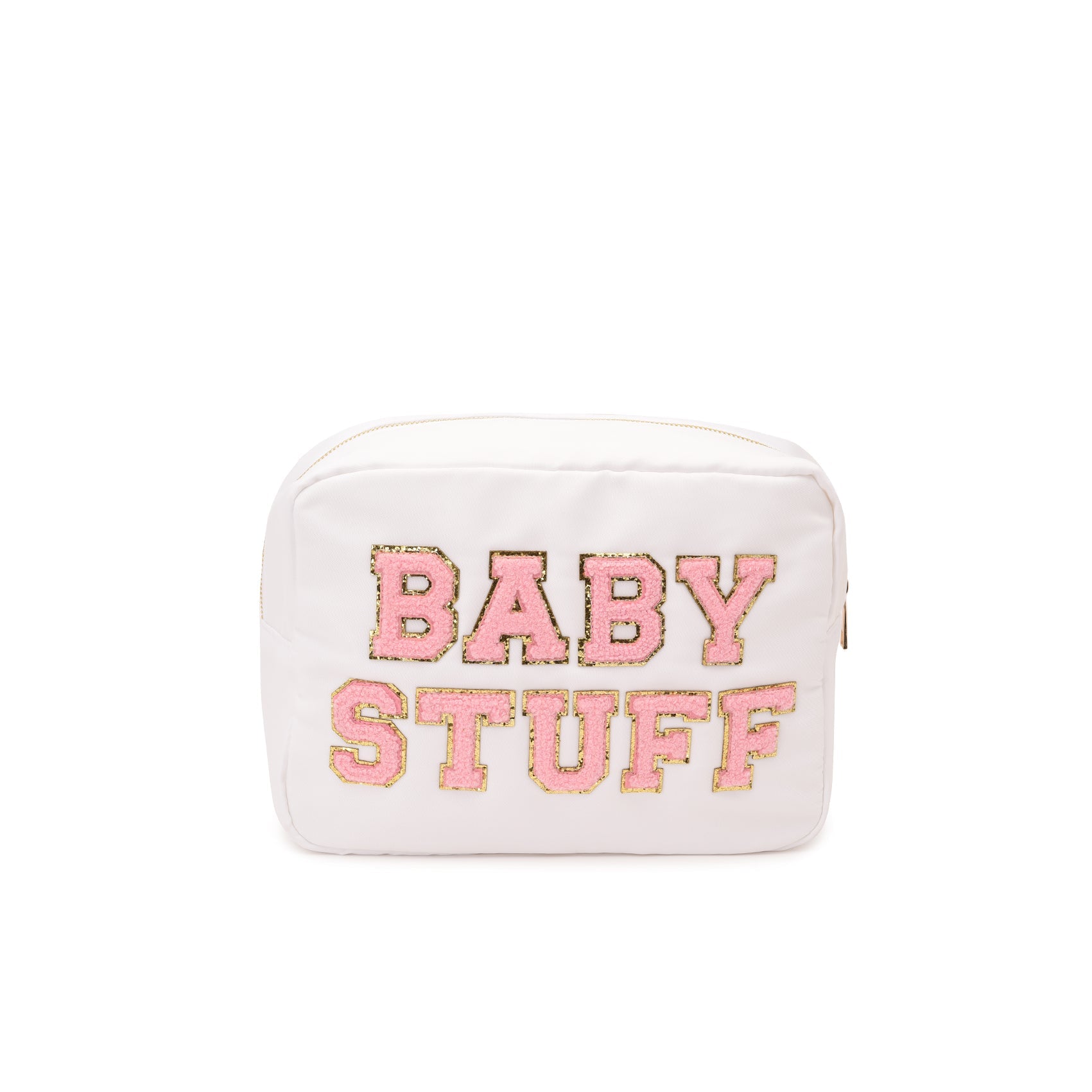 "Baby Stuff" Large Pouch, White with Pink Letters - The Happy Tribe